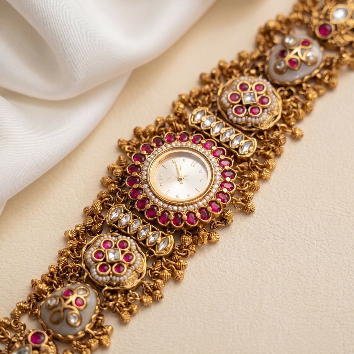 Antique Gold White Dial Ruby Pearl Bezel Kundan Bar Baroque Pearl Ghungroo Bracelet Watch for Women & Girls | Stylish Watch | Wrist Watches for Girls | Ideal for gifting | Gift for Diwali, Christmas, Marriage, Birthday, anniversary, wedding