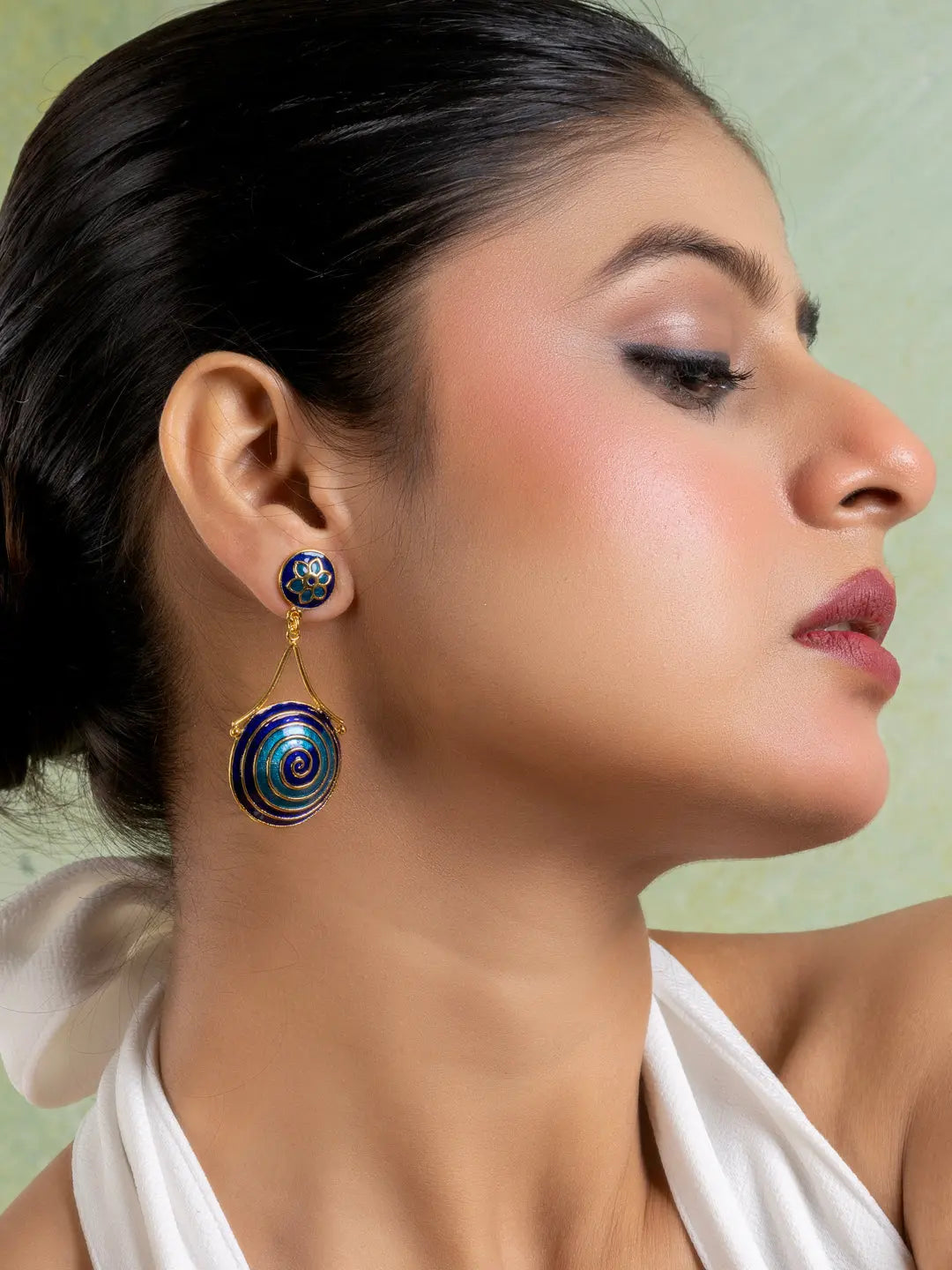 Golden Turquoise Blue Circular Floral Meenakari Stud Enamel Earring LOOK AND ADORN - designed for you