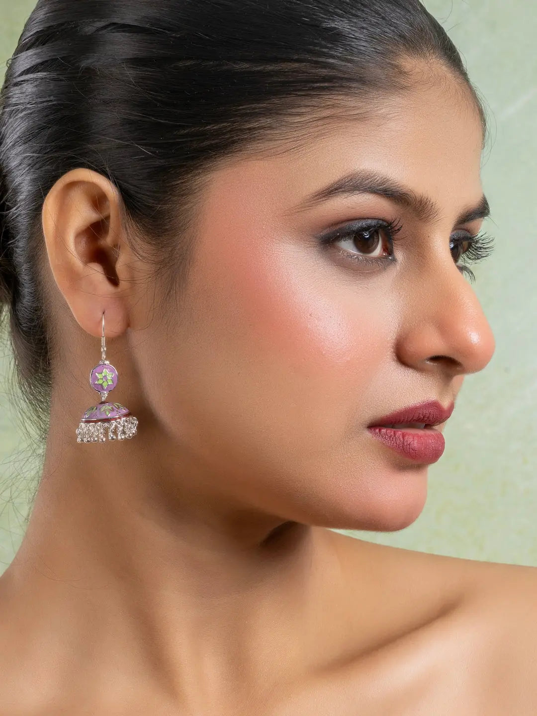 Purple Green Floral Meenakari Enamel Jhumka Earring LOOK AND ADORN - designed for you