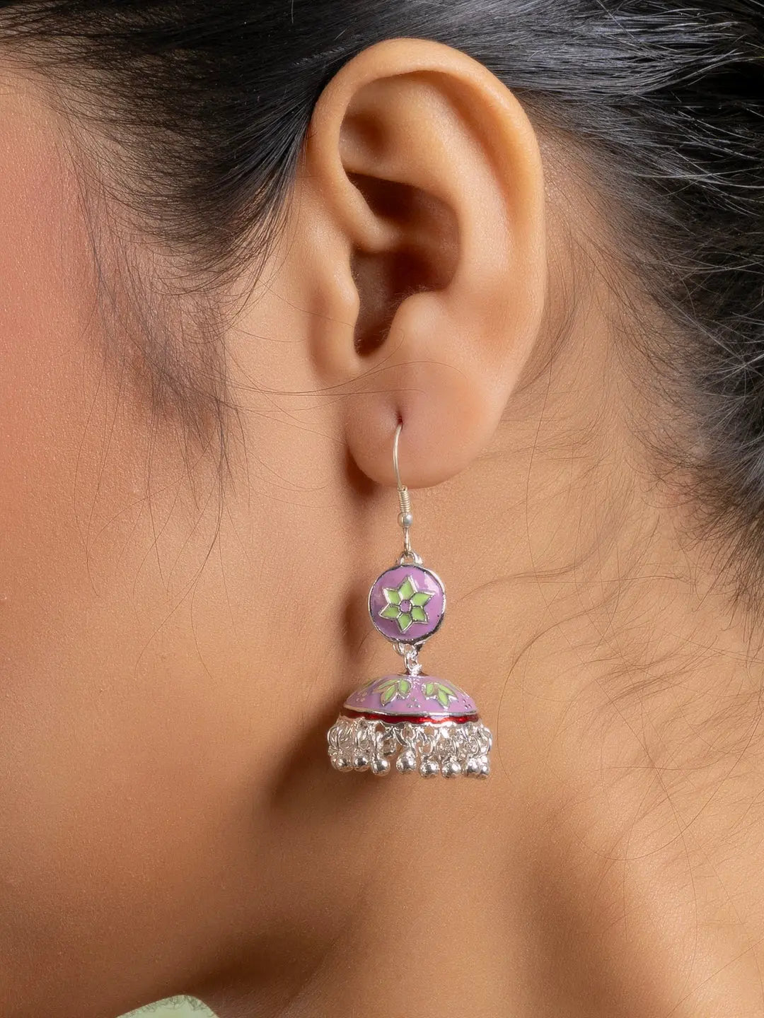 Purple Green Floral Meenakari Enamel Jhumka Earring LOOK AND ADORN - designed for you