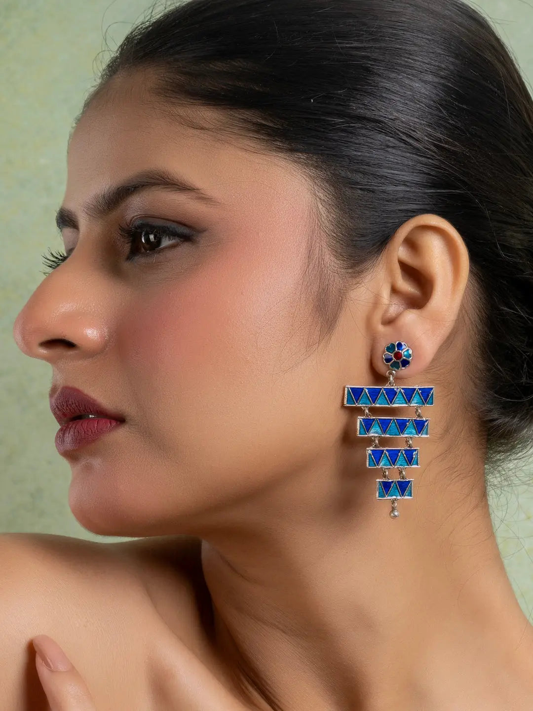 Turquoise Blue Floral Layered Stud Meenakari Enamel Earring LOOK AND ADORN - designed for you