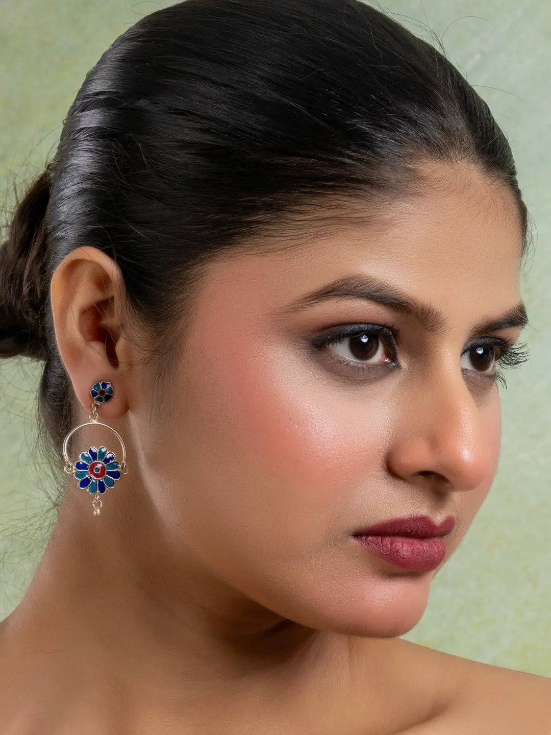 Turquoise Blue Red Floral Meenakari Enamel Stud Chandbali Earring LOOK AND ADORN - designed for you