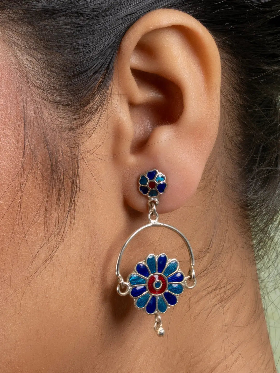 Turquoise Blue Red Floral Meenakari Enamel Stud Chandbali Earring LOOK AND ADORN - designed for you