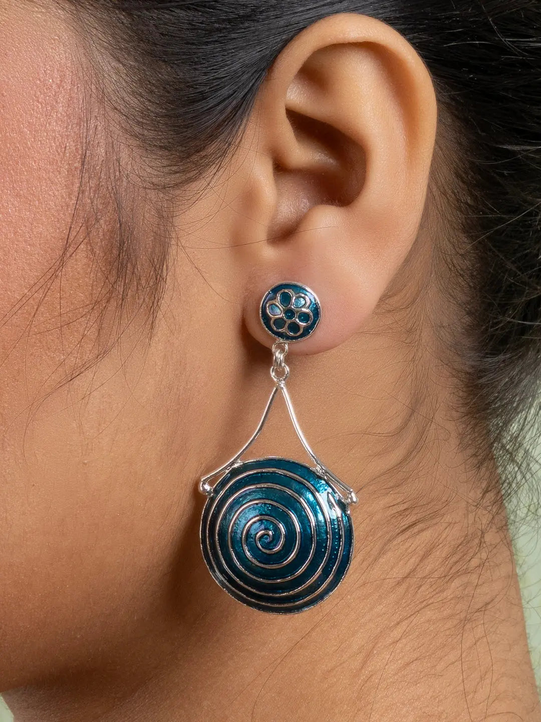 Turquoise Blue Circular Floral Stud Meenakari Enamel Earring LOOK AND ADORN - designed for you