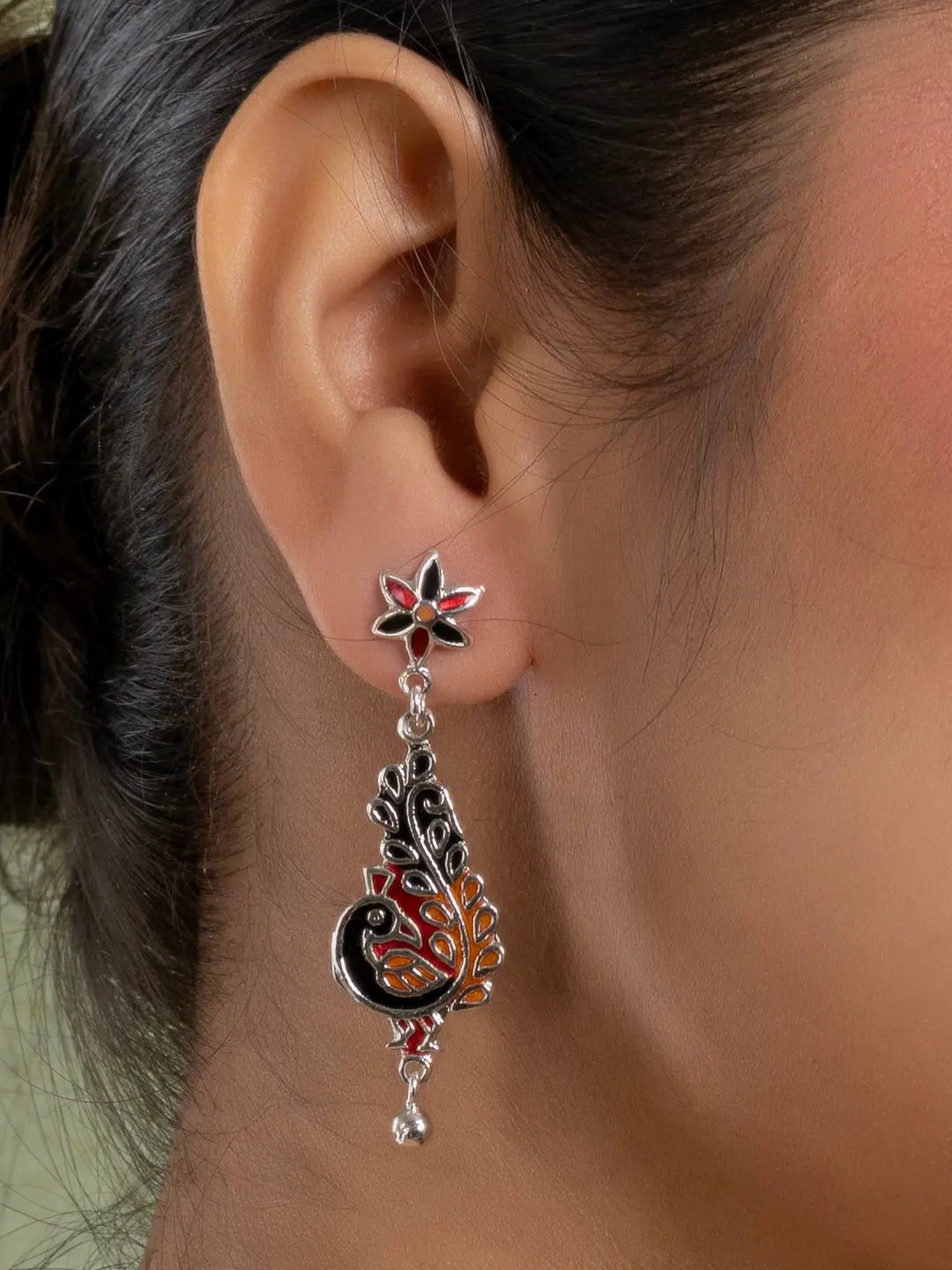 Black Red Orange Floral Stud Peacock Meenakari Enamel Earring LOOK AND ADORN - designed for you