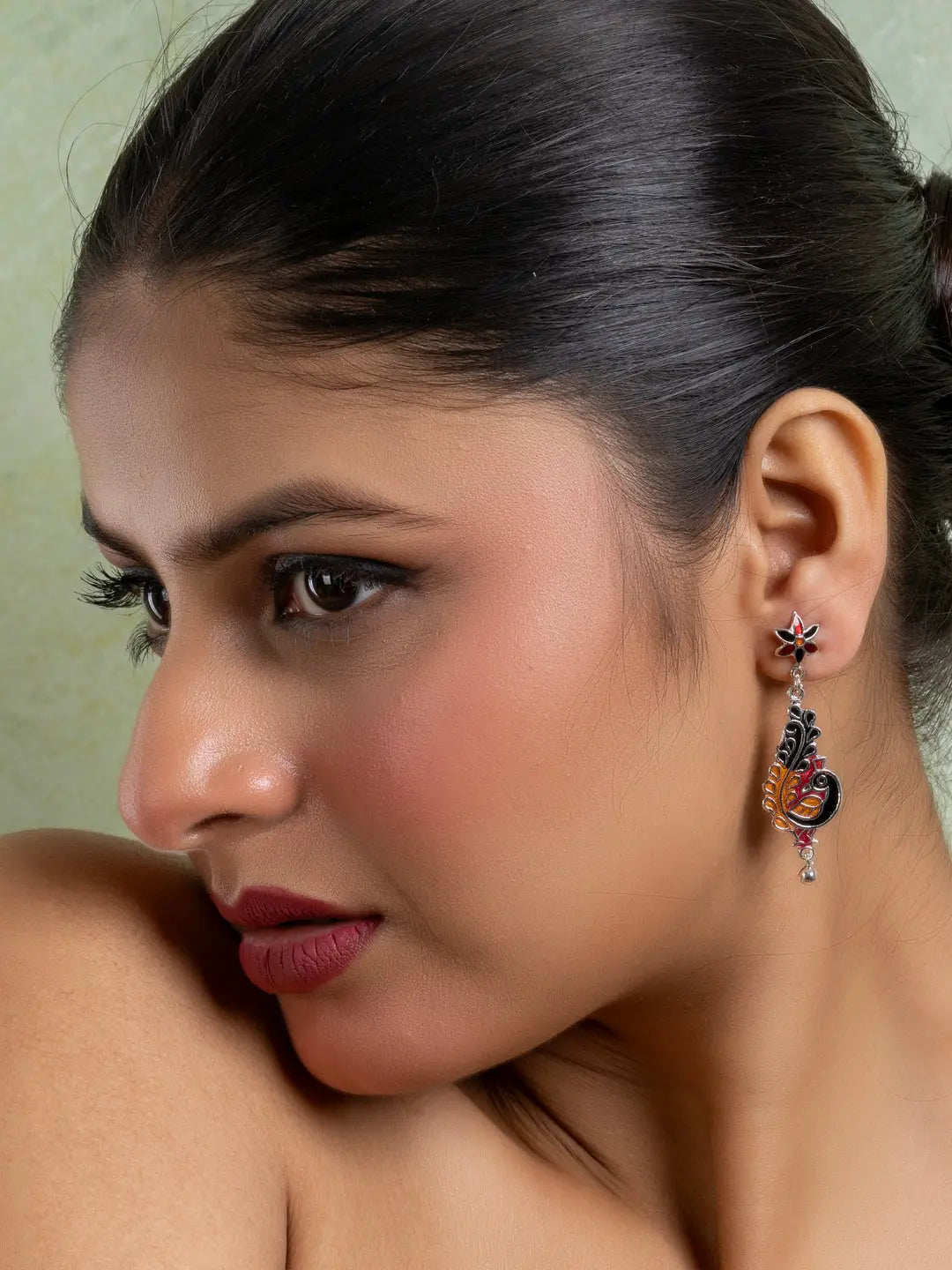 Black Red Orange Floral Stud Peacock Meenakari Enamel Earring LOOK AND ADORN - designed for you