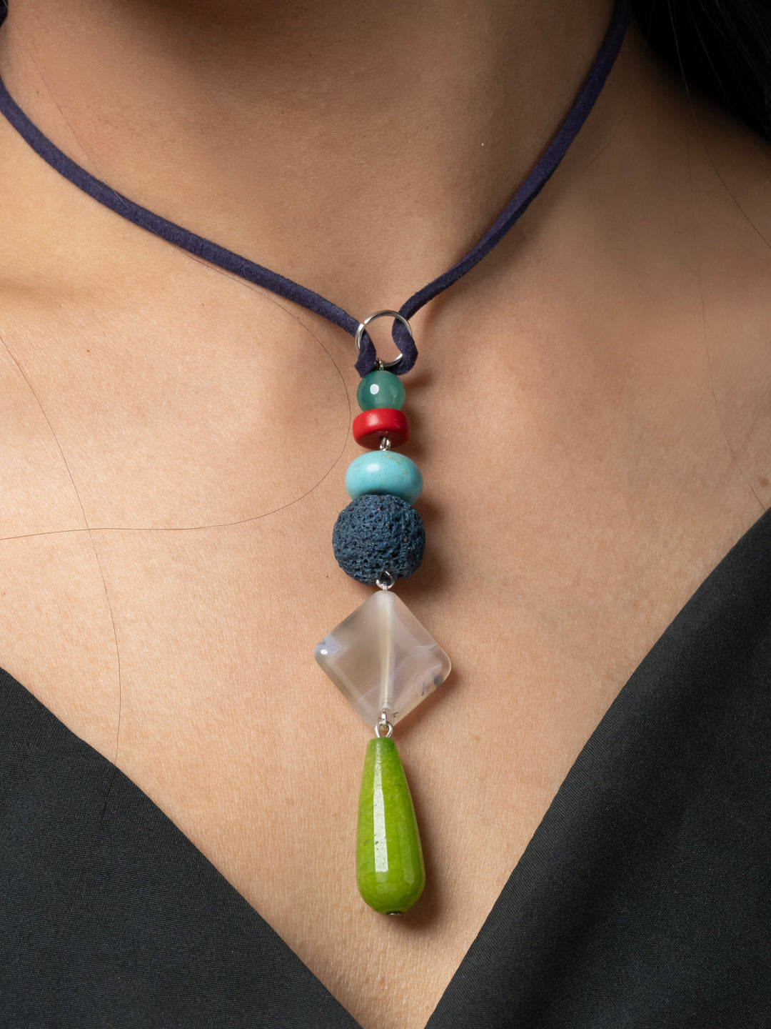 Semi Precious Teal Green Red Turquoise Blue Lava Onyx Agate Sleek necklace with adjustable Suede Cord LOOK AND ADORN - designed for you