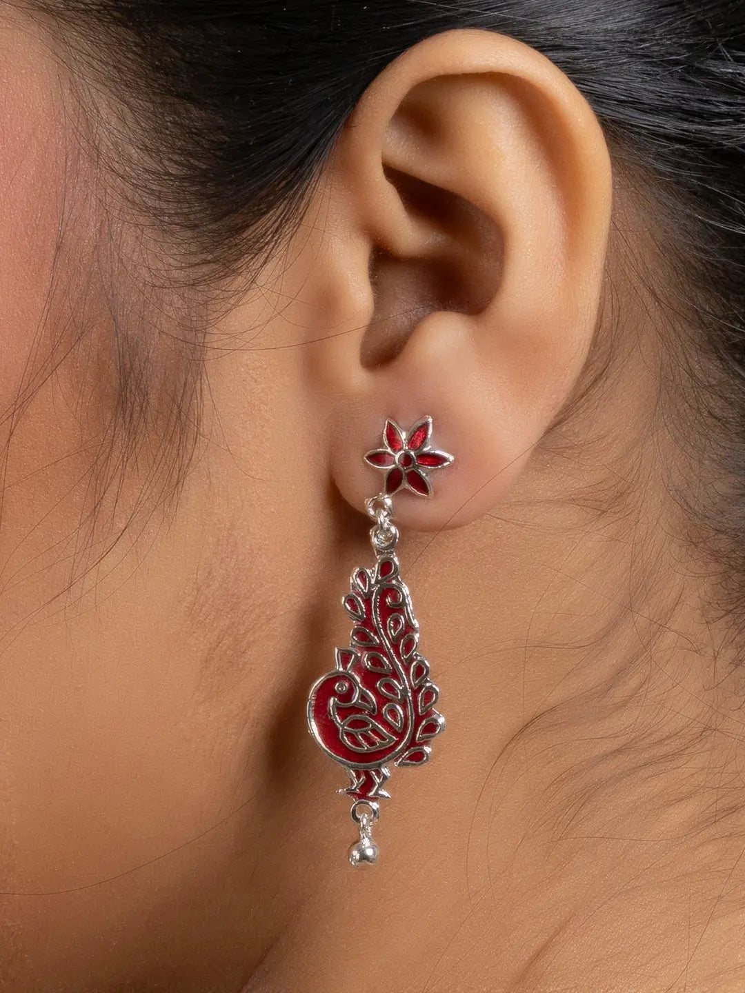 Red Floral Stud Peacock Meenakari Enamel Earring LOOK AND ADORN - designed for you