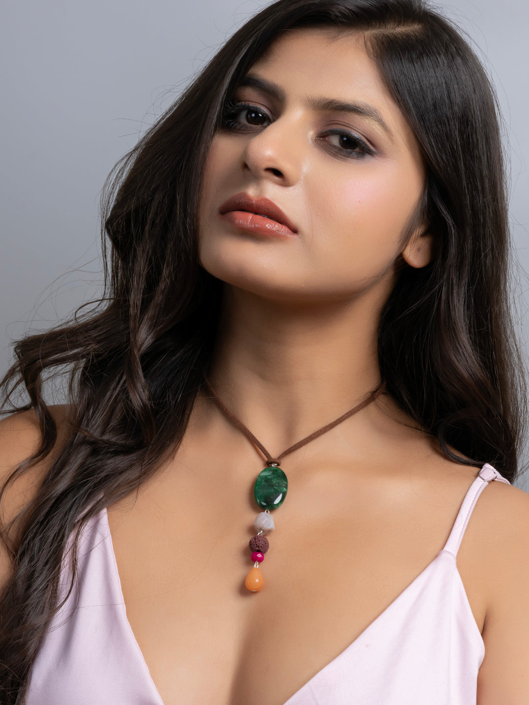 Semi Precious Green Brown Pink Onyx Agate Lava Sleek necklace with adjustable Suede Cord LOOK AND ADORN - designed for you