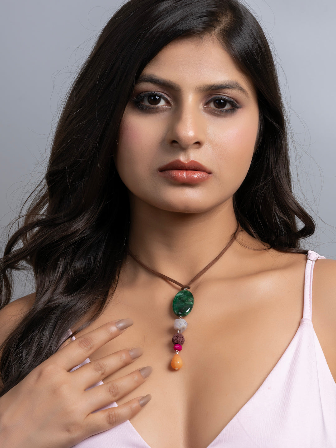 Semi Precious Green Brown Pink Onyx Agate Lava Sleek necklace with adjustable Suede Cord LOOK AND ADORN - designed for you