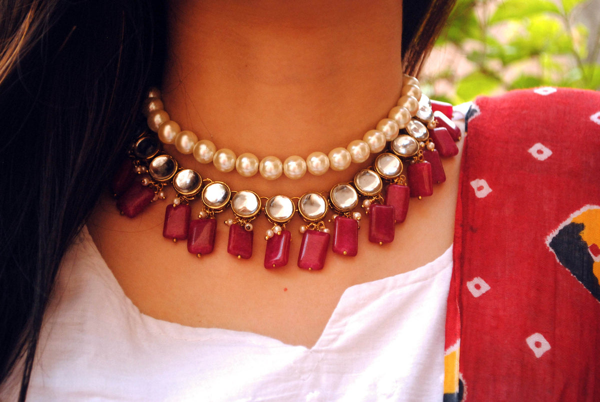 Kundan choker set in gold-tone with matching earrings and long bridal necklace, perfect for wedding functions , festive and bridal wear