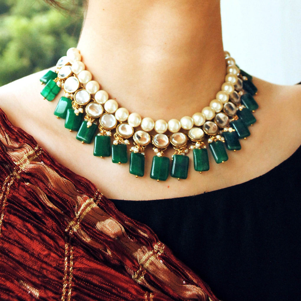 Kundan choker set in gold-tone with matching earrings and long bridal necklace, perfect for wedding functions , festive and bridal wear