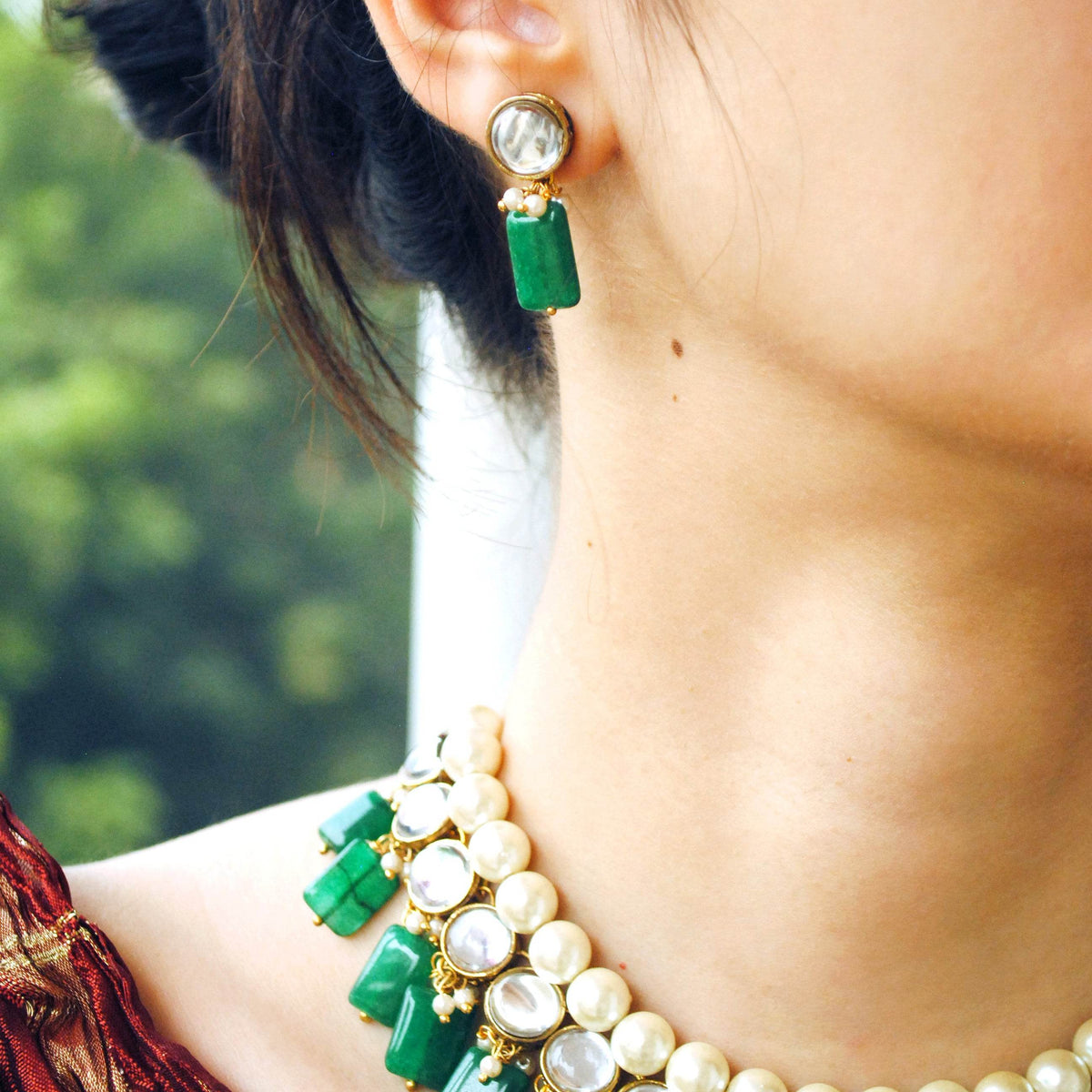 Kundan choker set in gold-tone with matching earrings and long bridal necklace, perfect for wedding functions , festive and bridal wear