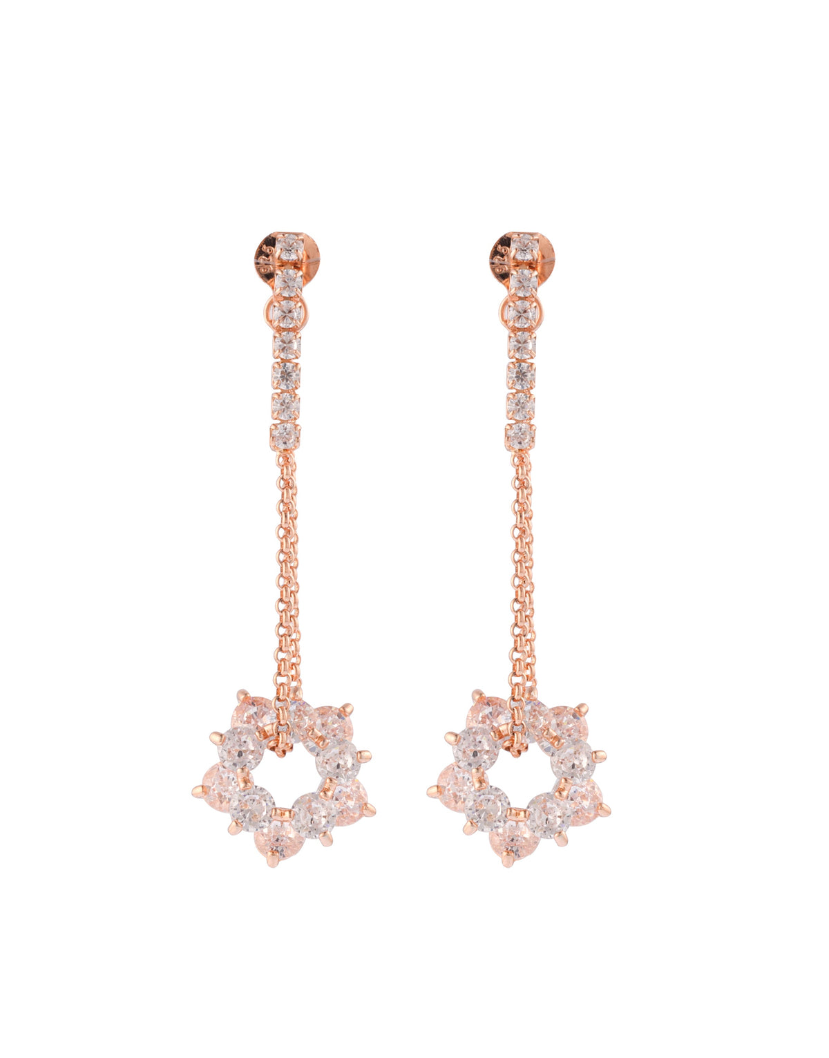 dainty floral design rose gold cz drop earrings