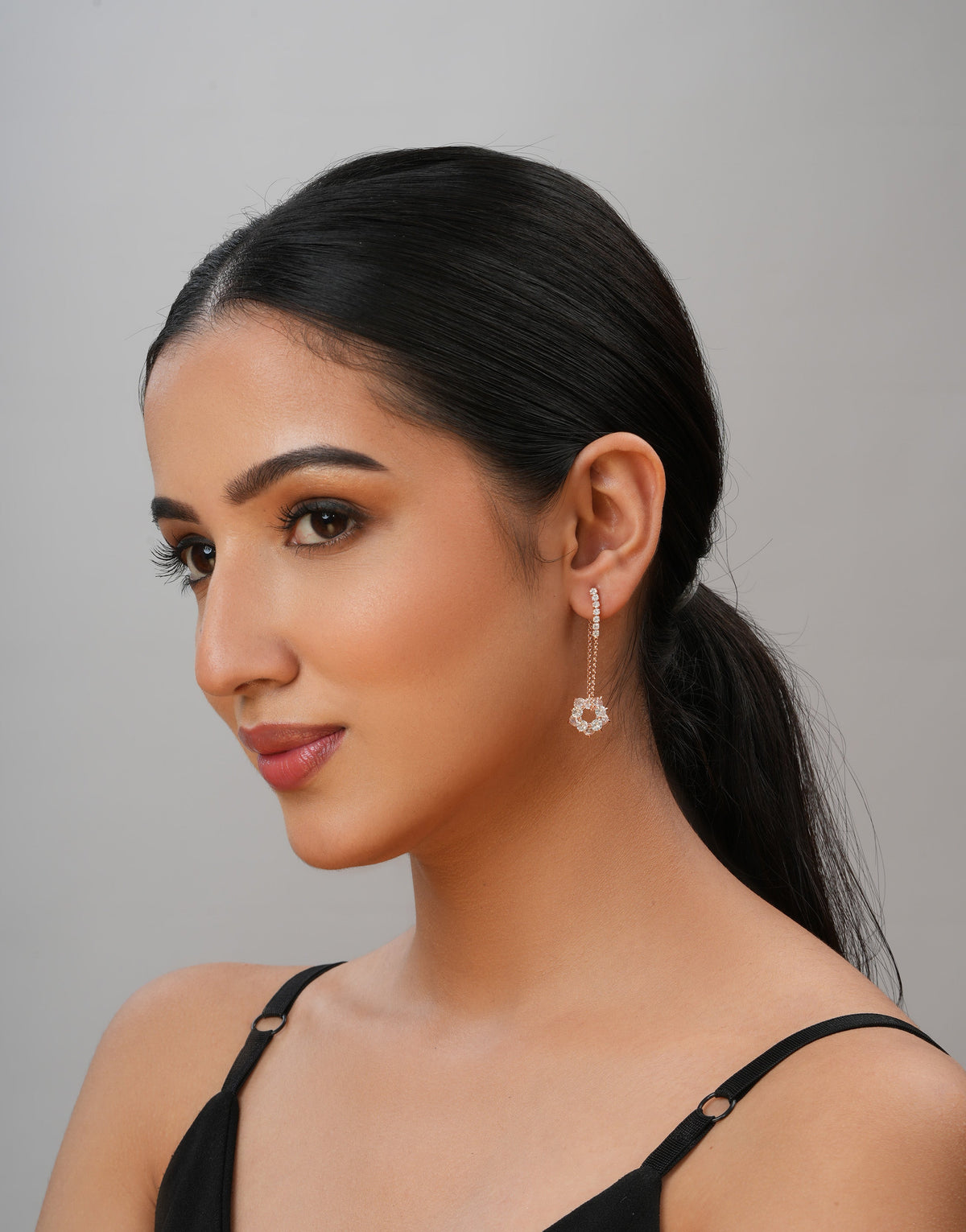 dainty floral design rose gold cz drop earrings