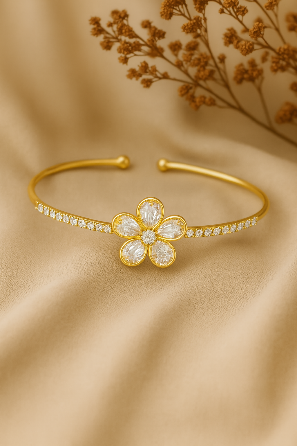 Anuradha Art Jewellery golden finish floral design with cubic zirconia stud Adjustable cuff bracelet, Kada bracelet for women and girls.