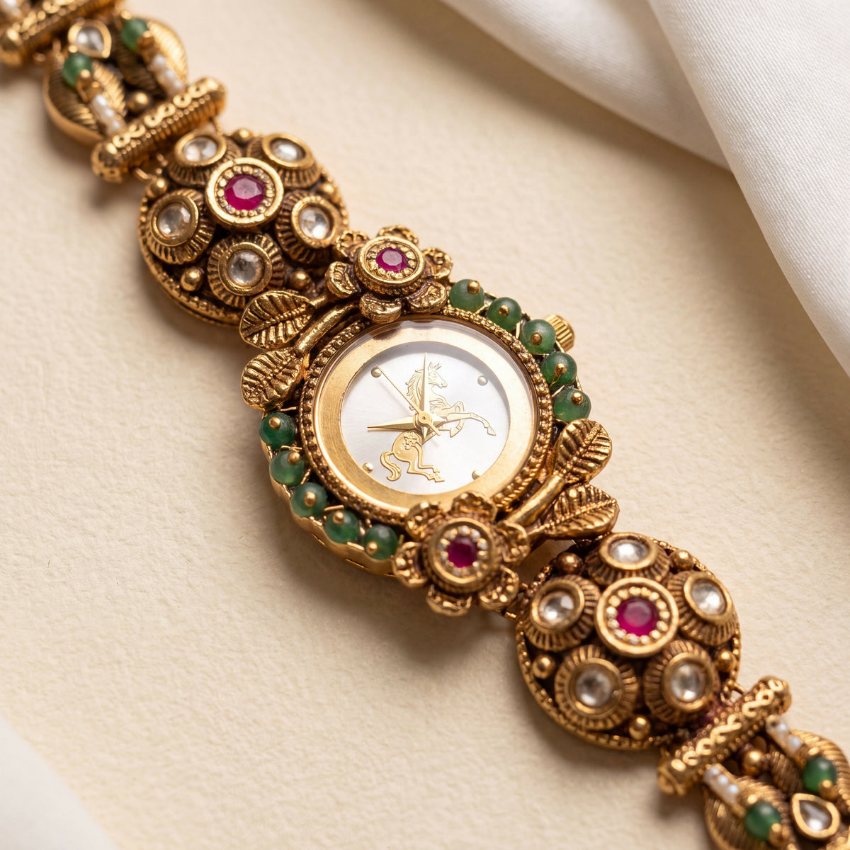 Antique Gold White Dial Horse Motif Floral Kundan Bracelet Watch for Women & Girls | Stylish Watch | Wrist Watches for Girls | Ideal for gifting | Gift for Diwali, Christmas, Marriage, Birthday, anniversary, wedding