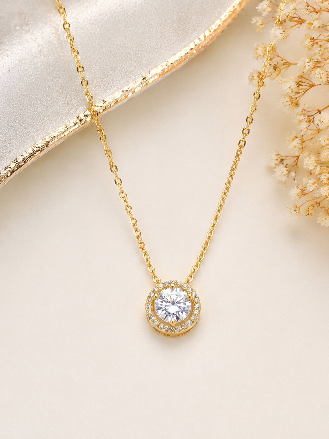 925 Sterling Silver Gold Plated Round Micro-Pave Halo Solitaire Pendant Necklace