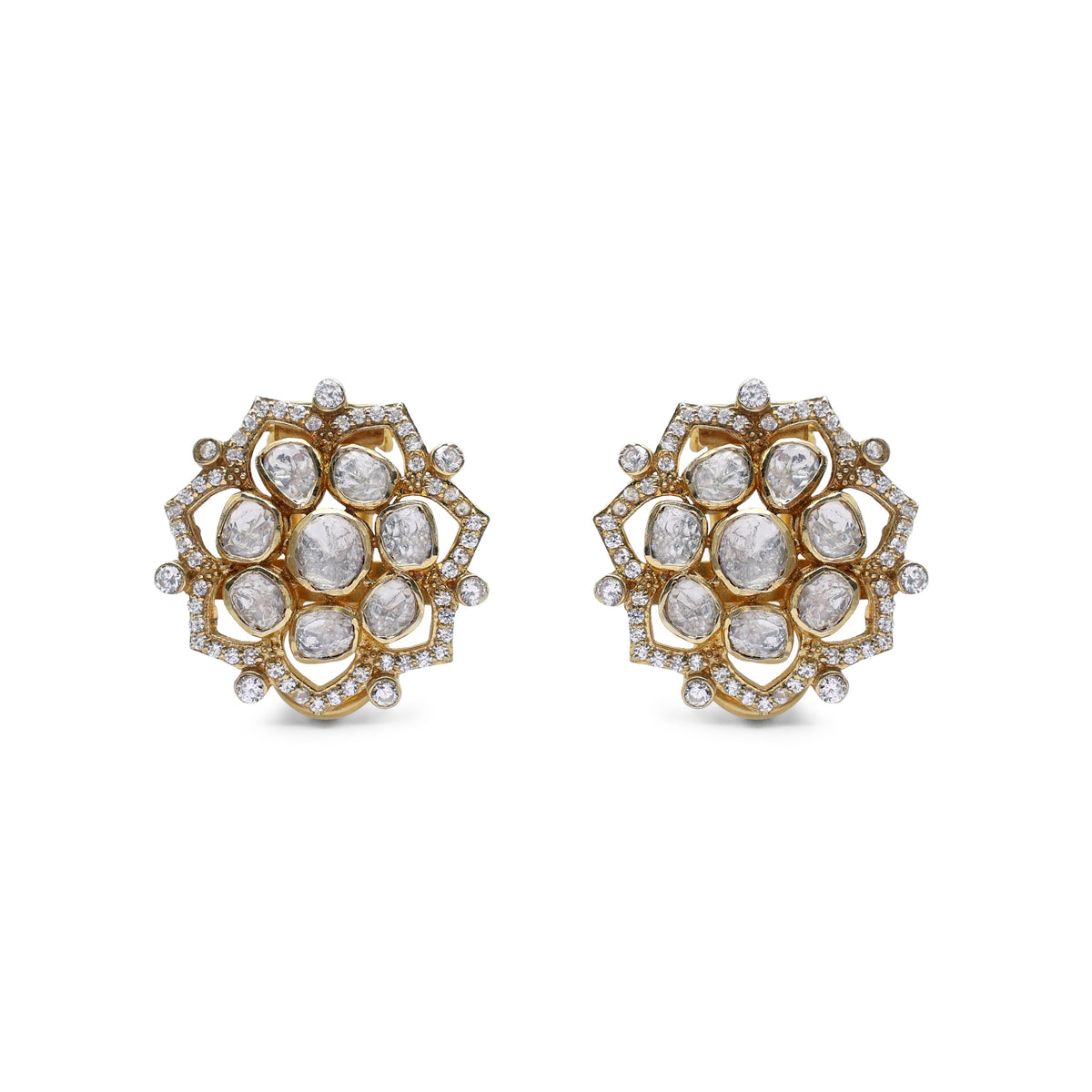 Regal Moissanite & CZ Floral Halo Stud Earrings in Gold Finish 925 Sterling Silver