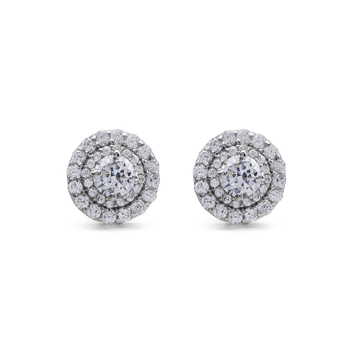 Brilliant Round Double Halo Stud Earrings with Cubic Zirconia in 925 Sterling Silver
