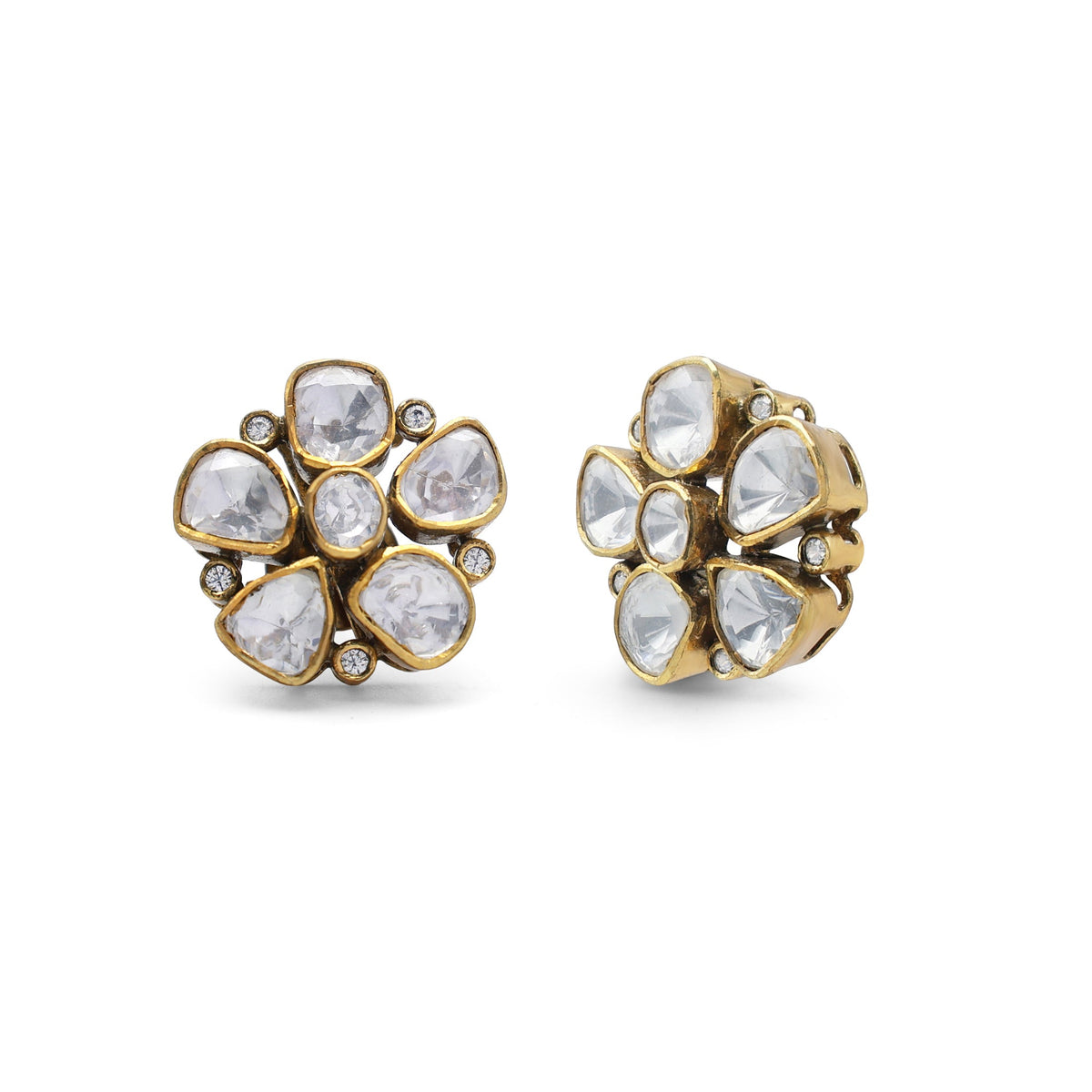 Kundan Style Moissanite Flower Stud Earrings with CZ Accents in Gold Finish 925 Sterling Silver