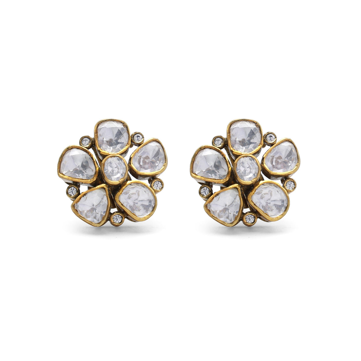 Kundan Style Moissanite Flower Stud Earrings with CZ Accents in Gold Finish 925 Sterling Silver