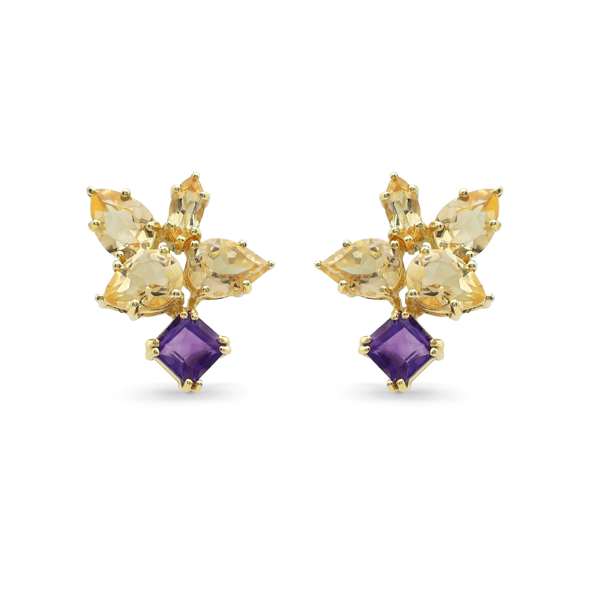Botanical Citrine & Amethyst Cluster Stud Earrings in Gold Finish 925 Sterling Silver