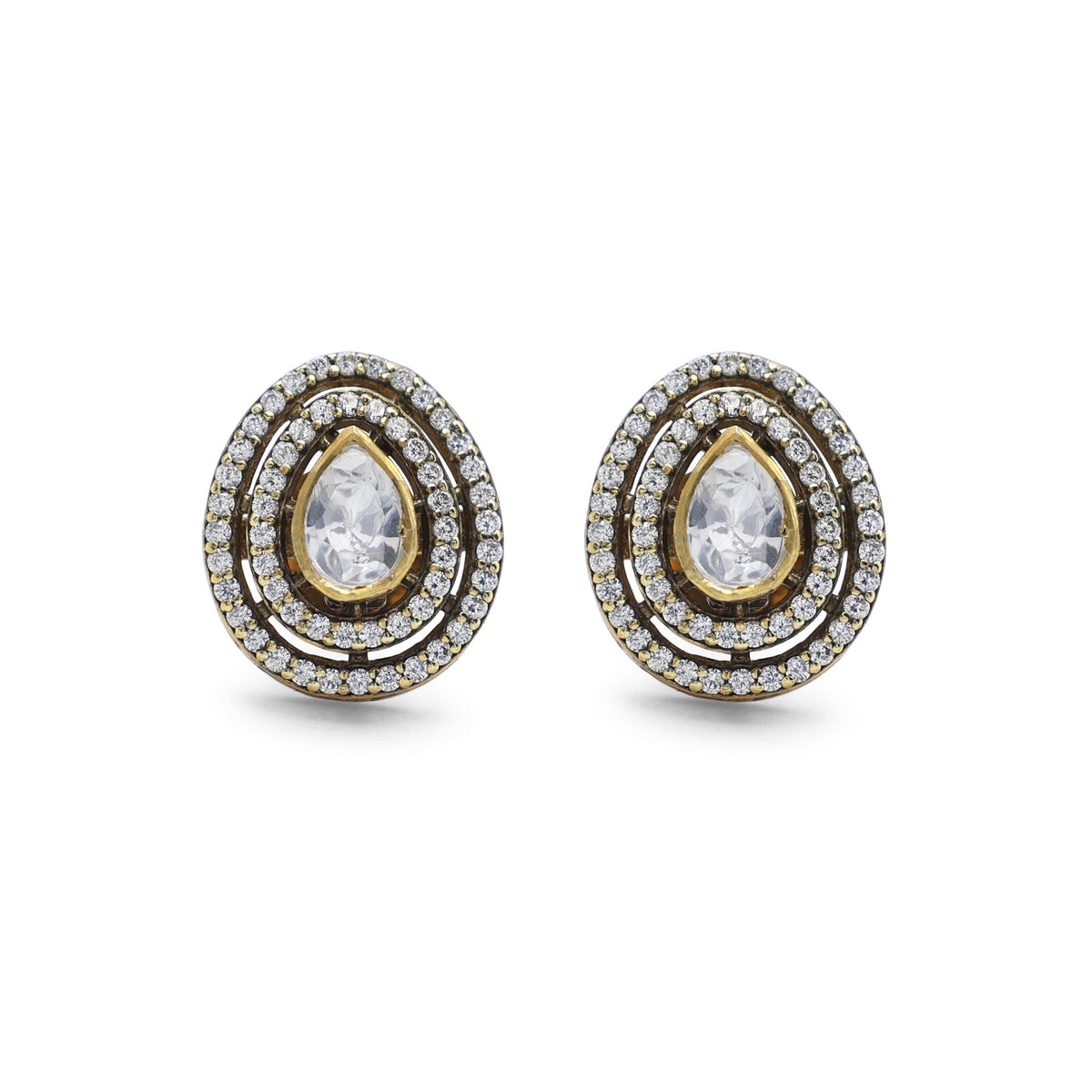 Regal Pear Moissanite & CZ Double Halo Stud Earrings in Gold Finish 925 Sterling Silver