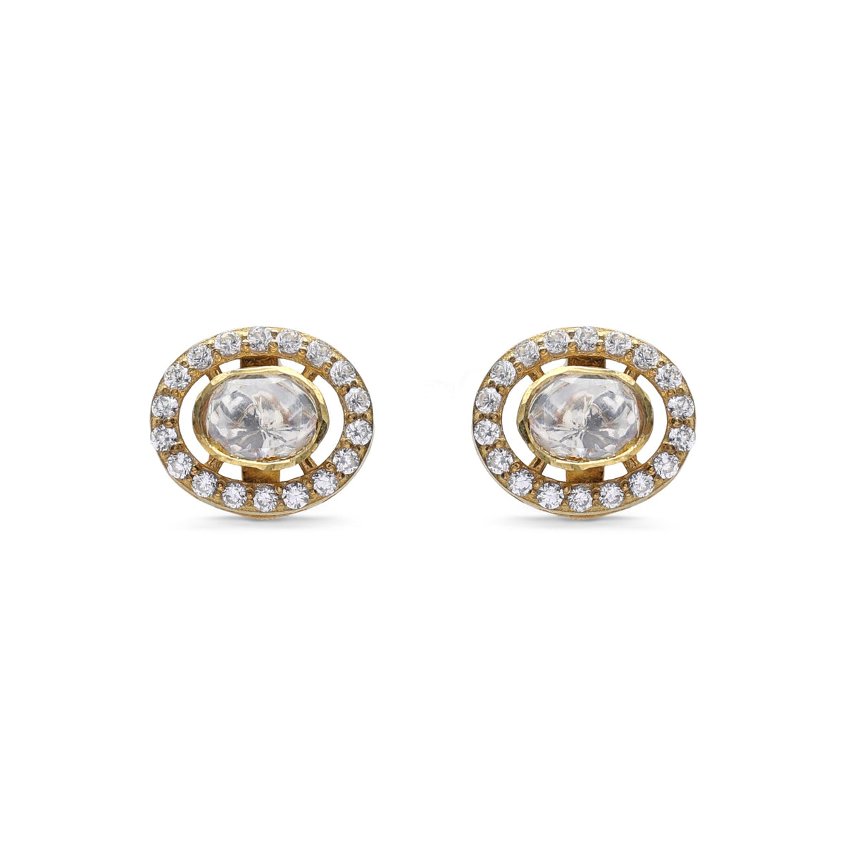 Kundan Style Moissanite & CZ Floating Halo Stud Earrings in Gold Finish 925 Sterling Silver