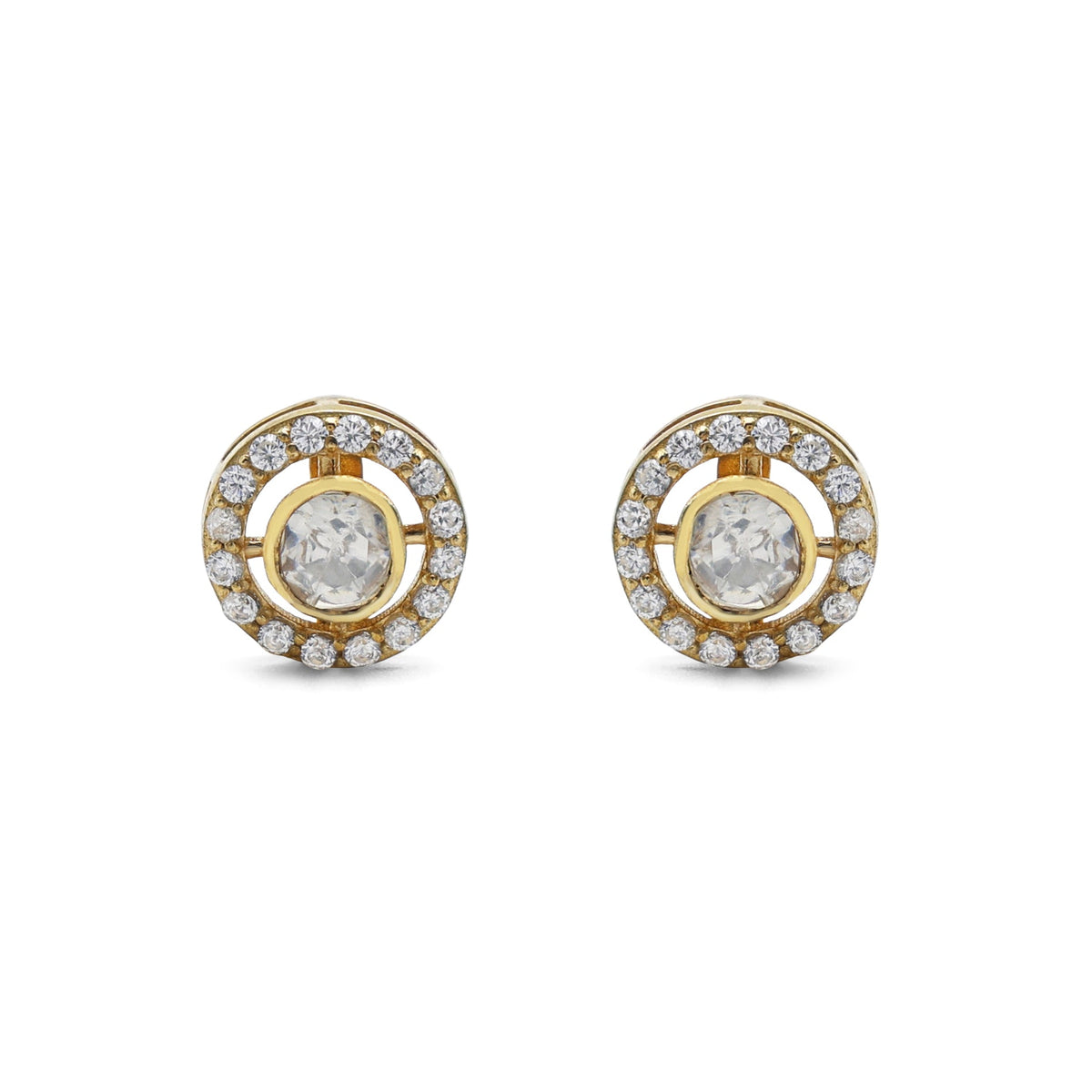 Modern Kundan Style Moissanite & CZ Halo Stud Earrings in Gold Finish 925 Sterling Silver