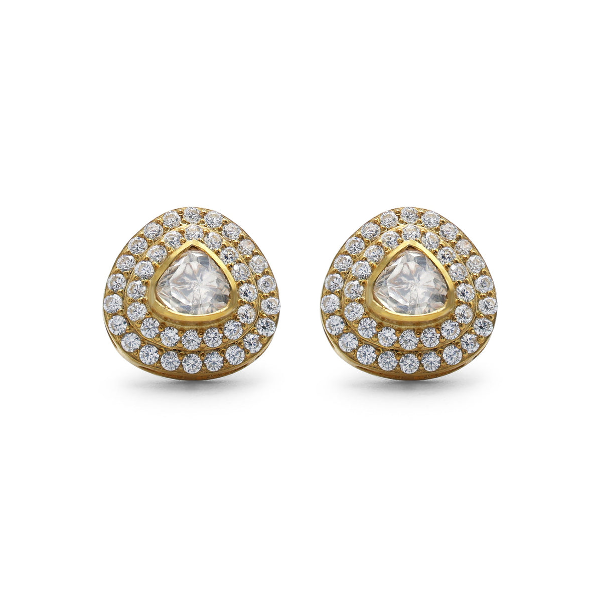 Regal Trillion Moissanite & CZ Double Halo Stud Earrings in Gold Finish 925 Sterling Silver