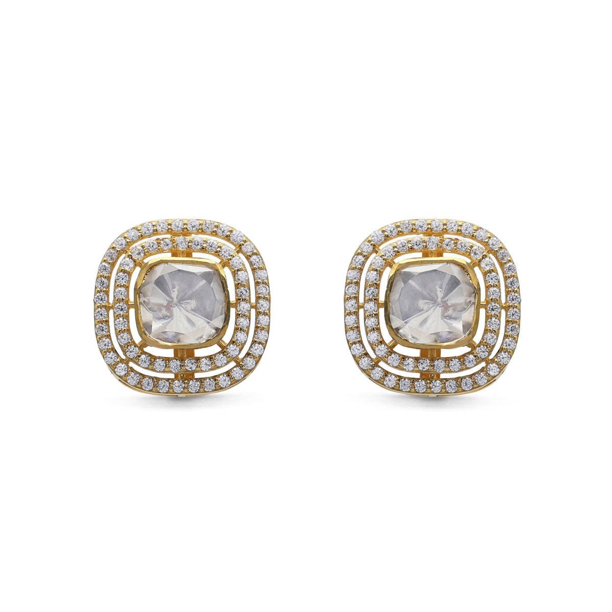 Kundan Style Cushion Moissanite & CZ Double Halo Stud Earrings in Gold Finish 925 Sterling Silver
