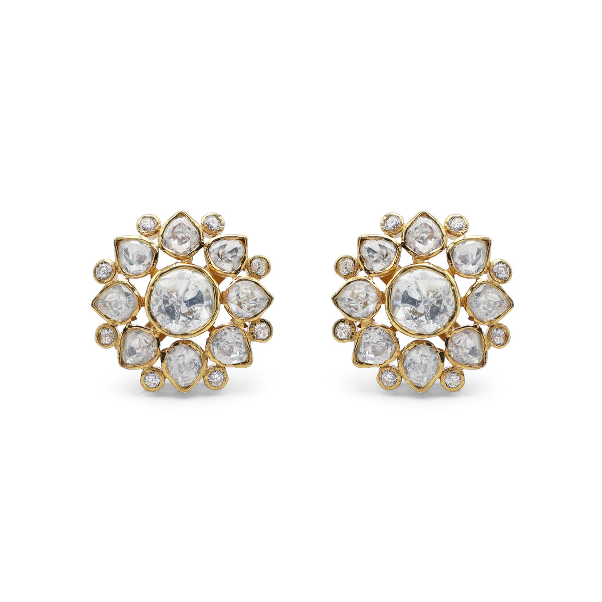 Regal Kundan Style Moissanite Floral Cluster Earrings with CZ Accents in Gold Finish 925 Sterling Silver