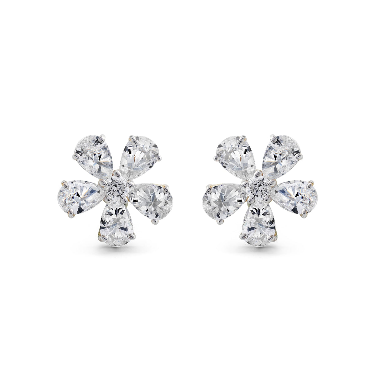 Brilliant CZ Flower Stud Earrings with Pear-Cut Petals in Two-Tone 925 Sterling Silver