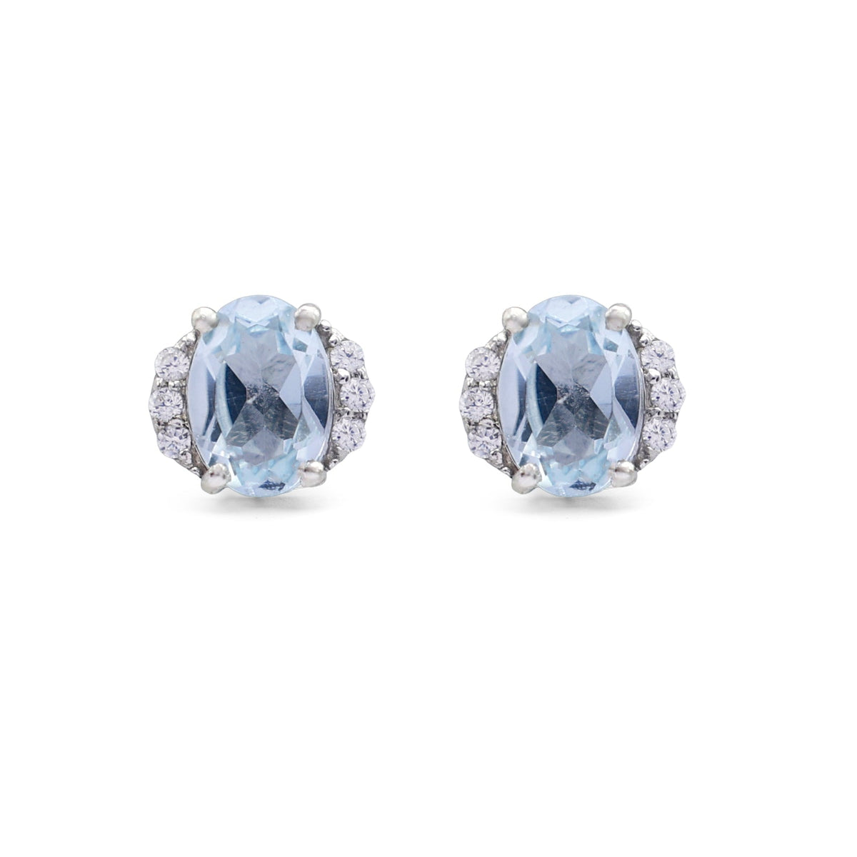 Elegant Oval Blue Topaz Stud Earrings with CZ Side Accents in 925 Sterling Silver