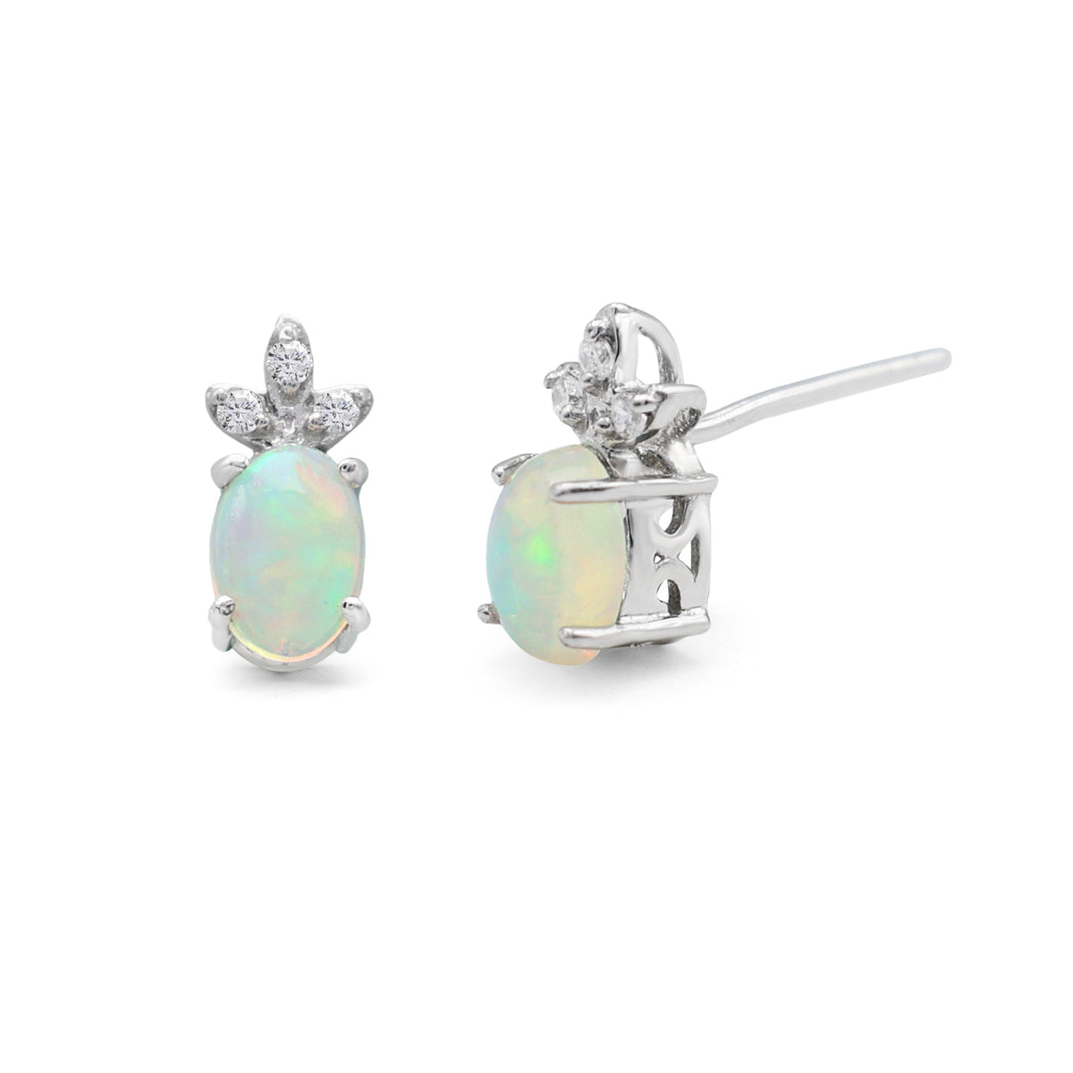 Mystical Oval Opal & CZ Crown Stud Earrings in 925 Sterling Silver