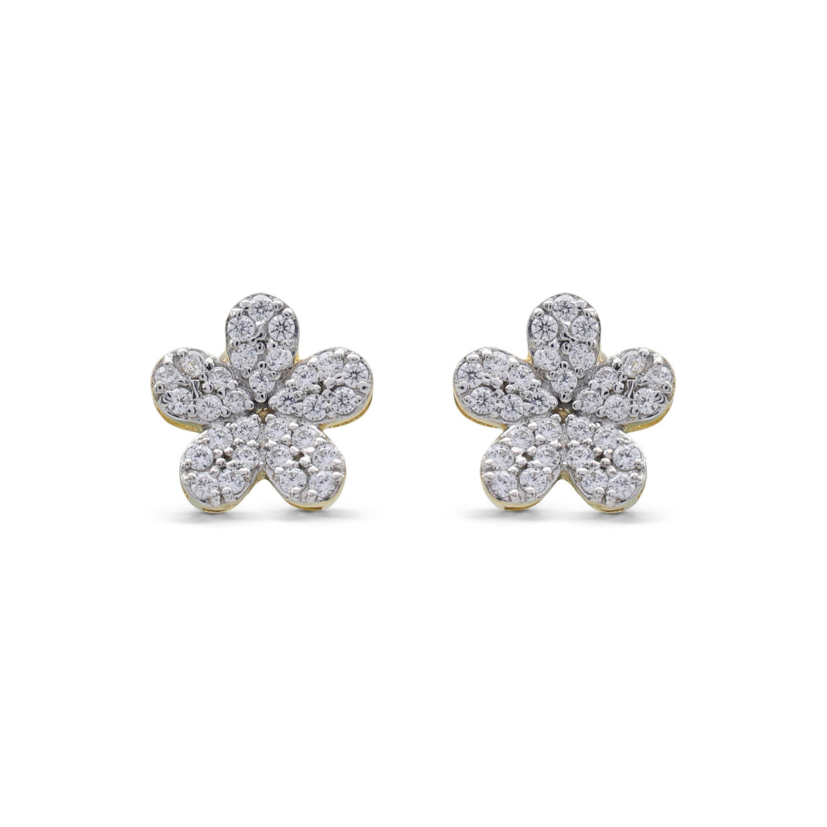 Sparkling Pavé Cubic Zirconia Flower Stud Earrings in Two-Tone 925 Sterling Silver