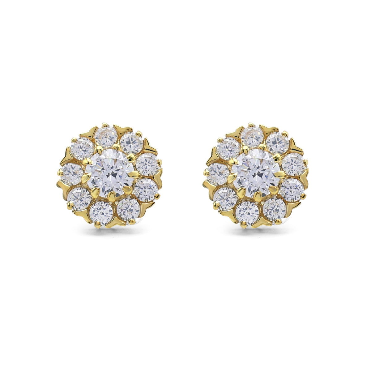 Pair of gold and diamond earrings on a white background