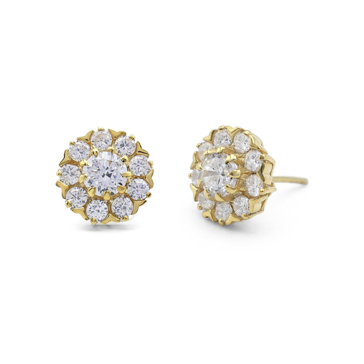 Brilliant Floral Halo Stud Earrings with Cubic Zirconia in Gold Finish 925 Sterling Silver