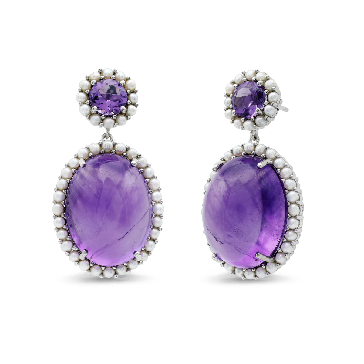 Vintage-Style Amethyst & Freshwater Pearl Halo Drop Earrings in 925 Sterling Silver