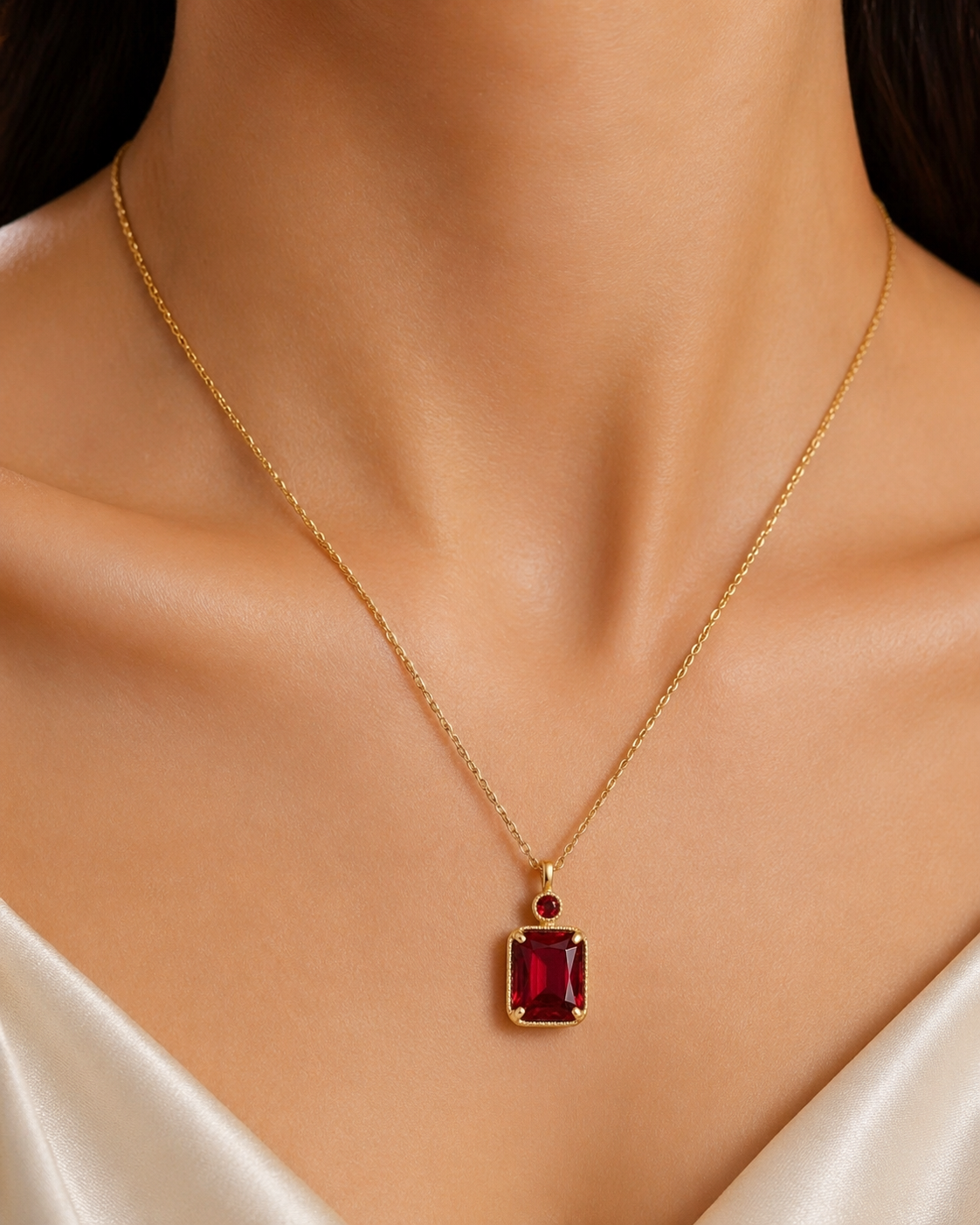 925 Sterling Silver Gold Plated Emerald-Cut Ruby Red Solitaire Pendant with Elegant Link Chain
