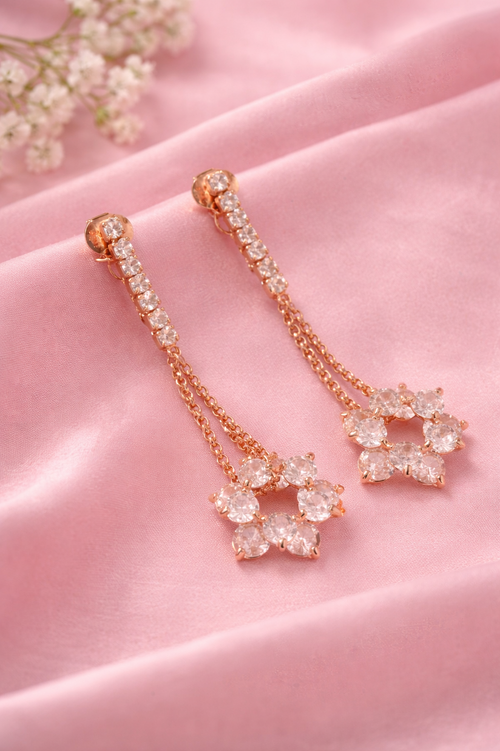 Dainty Floral Rose Gold CZ Drop Earrings