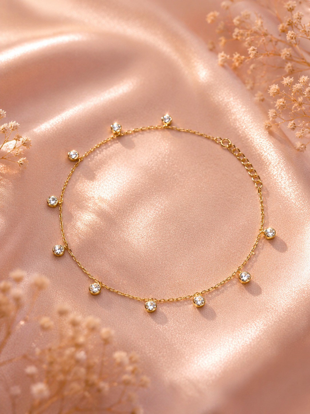 925 Sterling Silver Gold Plated Dainty Charm Anklet with 10 Mini Crystal Drops