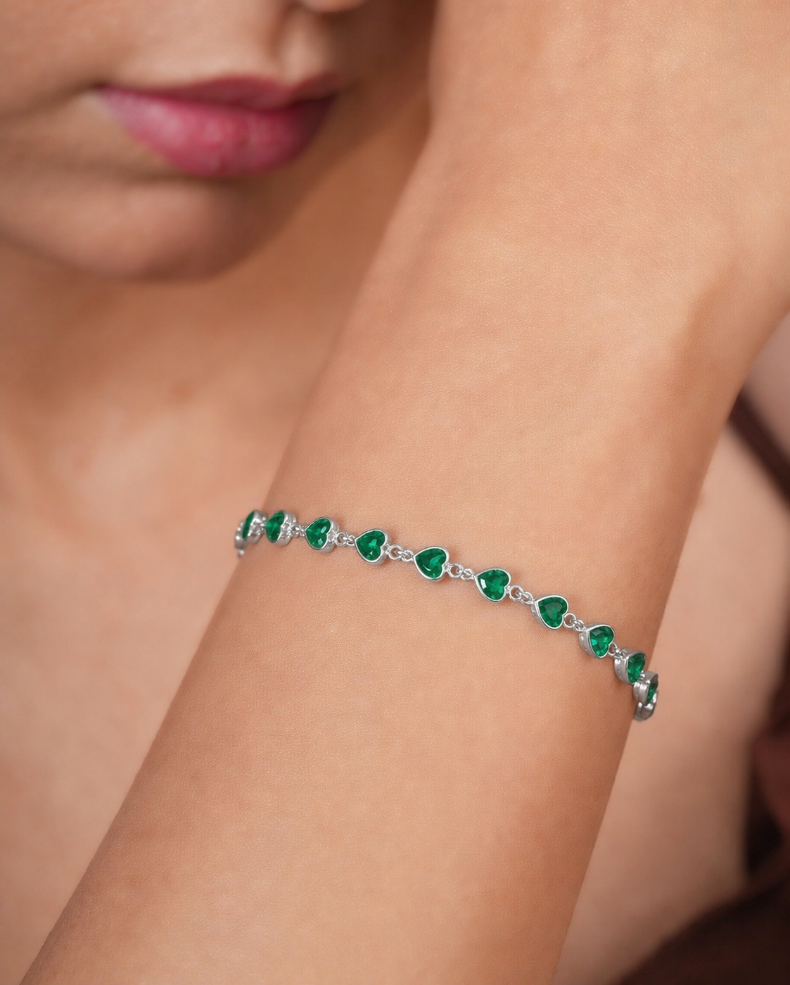 925 Sterling Silver Rhodium Plated Green Heart CZ Bracelet