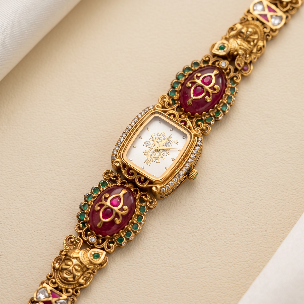 Antique Gold Peacock Dial CZ Ruby Cabochon Emerald Temple Bracelet Watch for Women & Girls | Stylish Watch | Wrist Watches for Girls | Ideal for gifting | Gift for Diwali, Christmas, Marriage, Birthday, anniversary, wedding