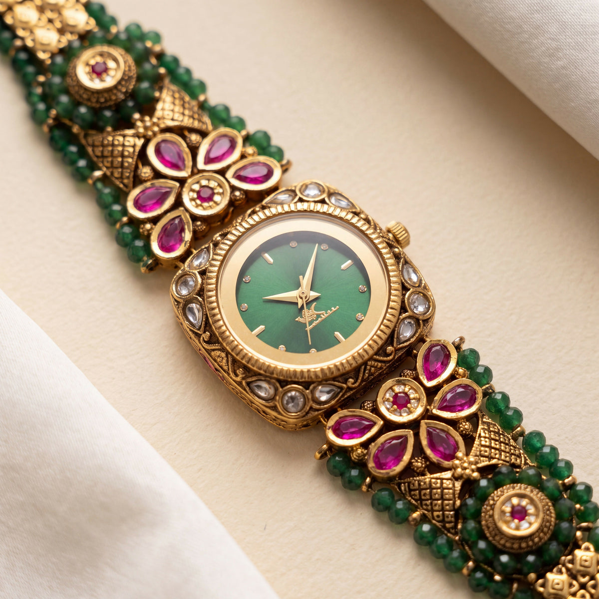 Antique Gold Green Dial Kundan Cushion Ruby Floret Bracelet Watch for Women & Girls | Stylish Watch | Wrist Watches for Girls | Ideal for gifting | Gift for Diwali, Christmas, Marriage, Birthday, anniversary, wedding