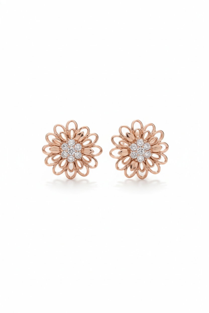 Rose Gold Plated 925 Sterling Silver Floral Stud Earrings