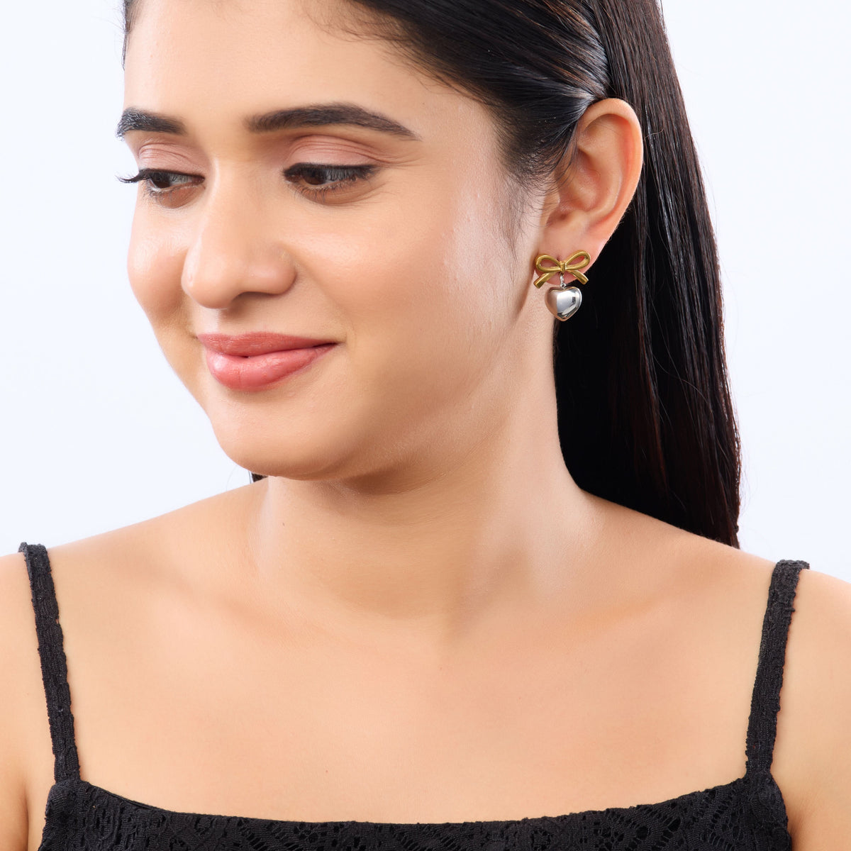 Platinum Plated Bow Silver-Tone Heart Drop Earrings for Women