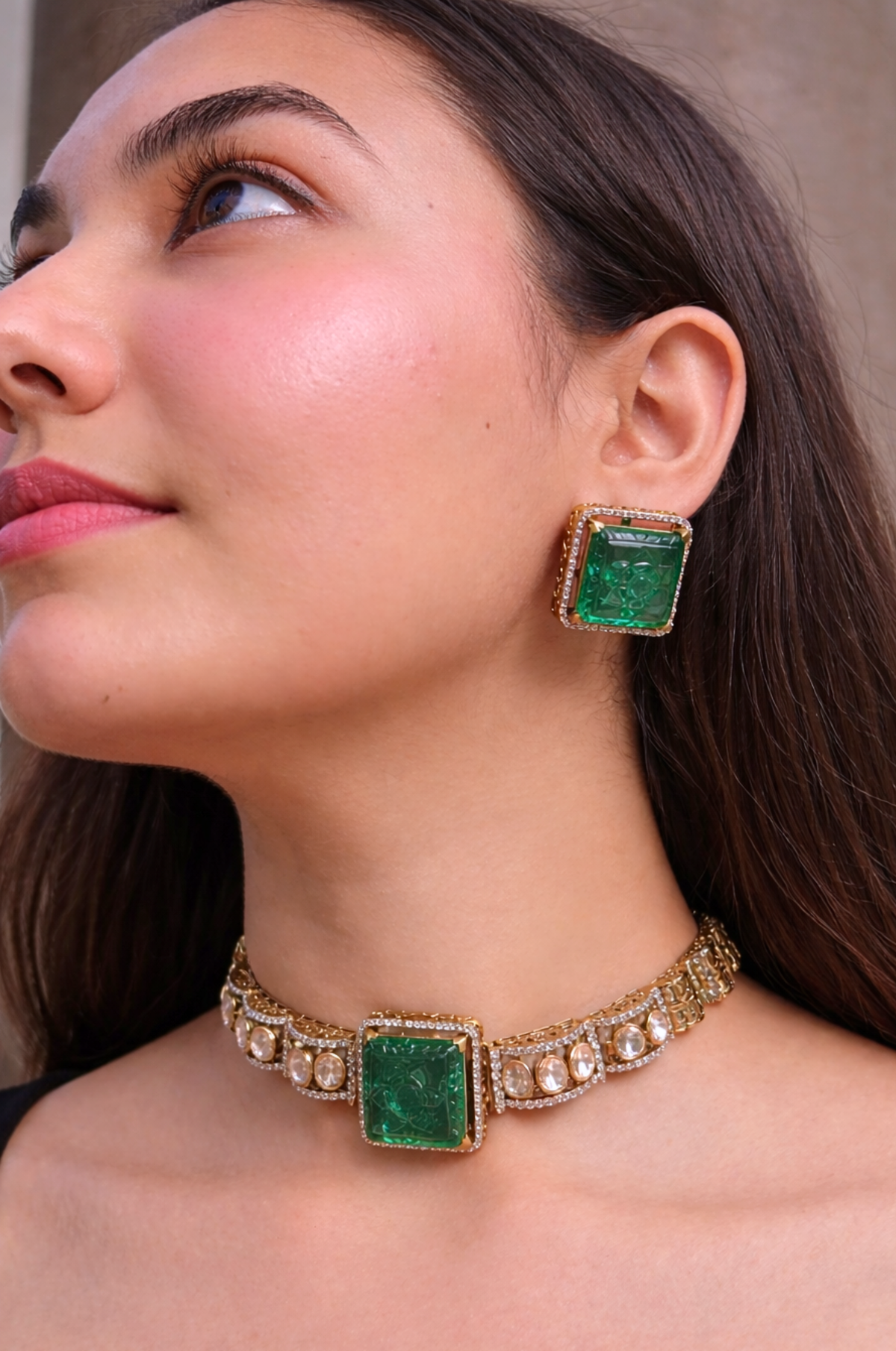Emerald Square Carved Polki Necklace Set