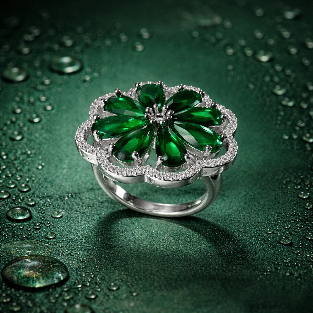 Astria Jewellery Royal Queen ??Green Petal Radiance Cocktail Ring with Sparkling Green CZ Stones |Stainless Steel, Customizable